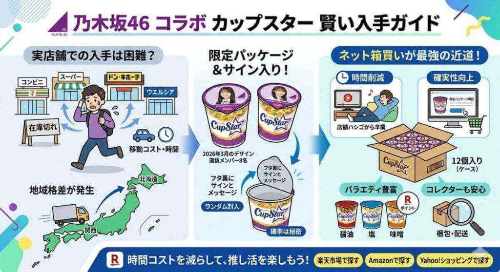 カップスター×乃木坂46コラボはどこで売ってる？「3軒回っても売ってない」とお悩みの方へ。コンビニやスーパー（ベルク等）の最新目撃情報から、在庫ムラの理由、乃木坂限定パッケージを確実に買う方法を解説。どこで売ってるかカップスターを効率よく箱買いするコツも紹介します。