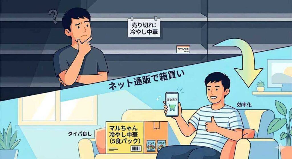 マルちゃんの冷やし中華が売ってない理由を徹底解説。周辺店舗でマルちゃんが売ってない時の在庫確認のコツや、実店舗より確実なネット通販での冷やし中華箱買い術を公開。最短で手に入れるための決定版ガイド。