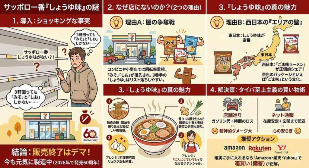 サッポロ一番のしょうゆ味が売ってないとお困りですか？販売終了はデマ！実は西日本では「ごま味」が主流という背景があります。この記事では、サッポロ一番のしょうゆが売ってない理由と、確実に手に入れる方法を解説。60周年の歴史と人気の秘密に迫ります。