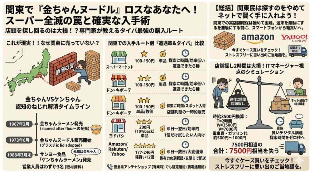 関東で金ちゃんヌードルはどこで買える?販売店を探してスーパーを巡っても見つからない理由とは。実は金ちゃんヌードルは関東の店頭ではほぼ入手困難です。関東での販売店探しに疲れたあなたへ、確実に入手できる通販での箱買い術と、なぜ売っていないのかの物流事情を徹底解説します。