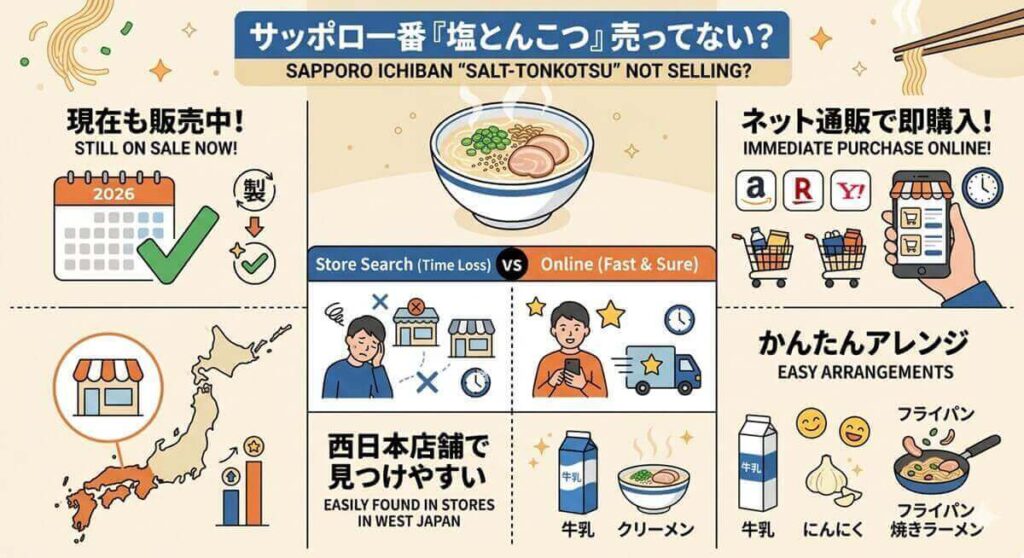 サッポロ一番塩とんこつが売ってないと嘆く方必見!販売終了はデマ?2026年現在の供給状況を徹底解説。サッポロ一番塩とんこつが売ってない時の確実な入手方法や、ドンキ等の目撃情報、通販での賢い買い方、人気のリュウジ氏風レシピまで網羅しました。